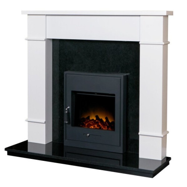 Adam Linton Pure White Granite Fireplace with Recessed Lights and Oslo Electric Stove, 48 Inches
